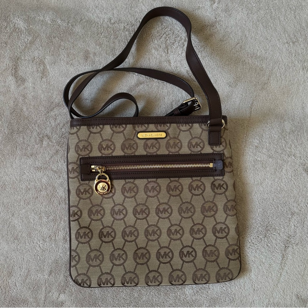 Michael Kors Tan and Brown Logo Crossbody